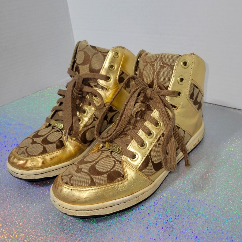 Coach Metallic Gold Logo High-Top Sneakers - Gold/Brown